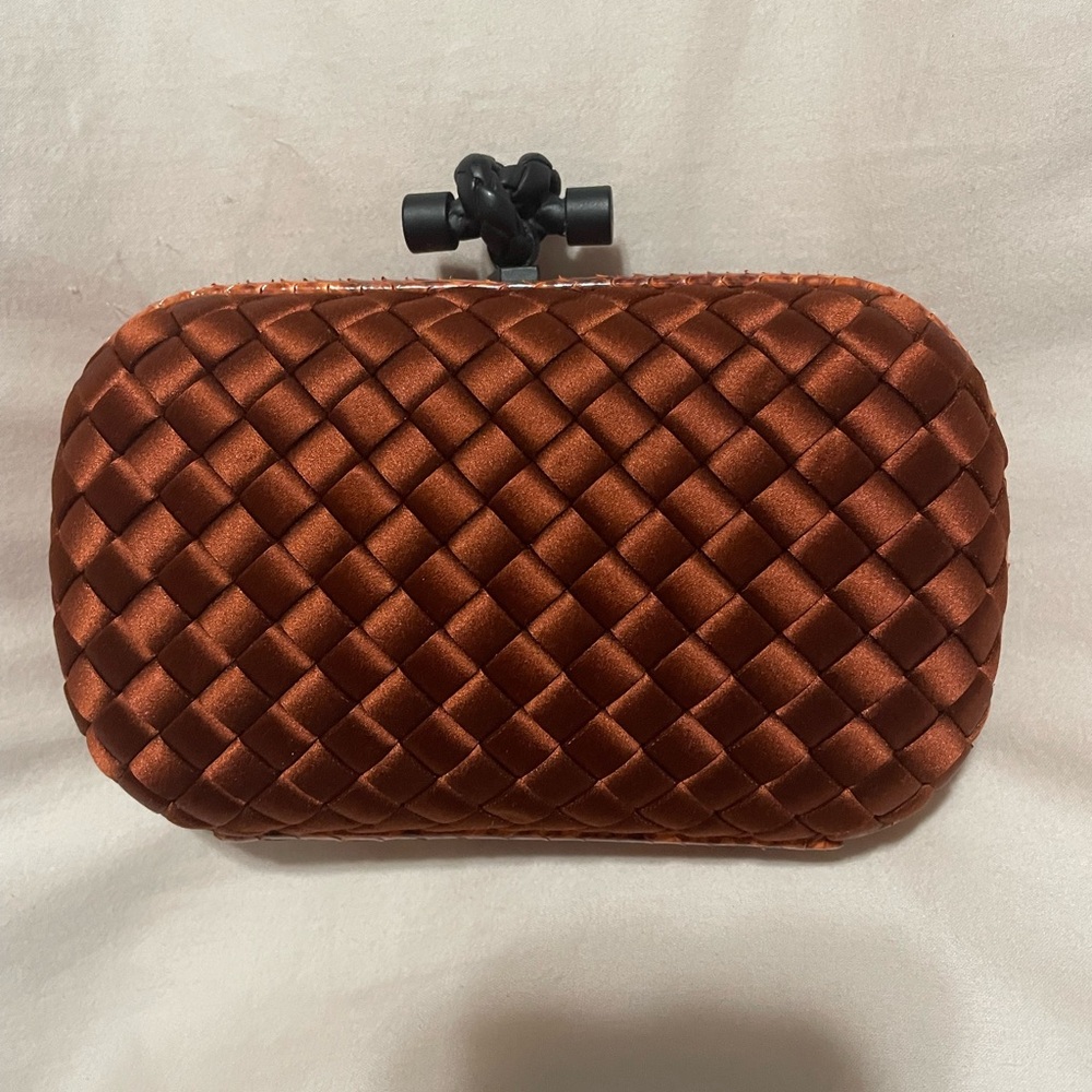 Bottega Veneta Rust orange brown Satin Intrecciato Knot Clutch with snake detail